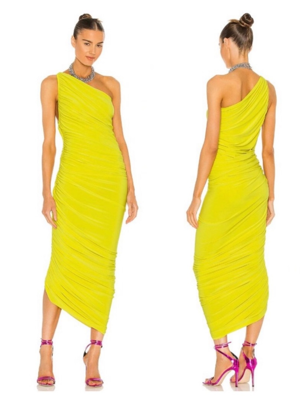 Norma Kamali Vibrant Yellow One-Shoulder Asymmetric Midi Dress